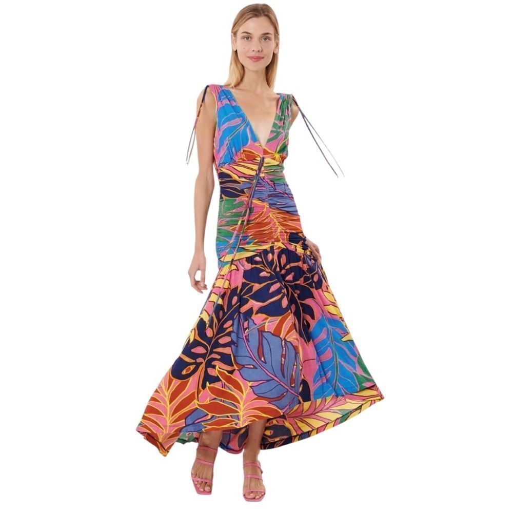 Derhy Rene Deep V-Neck Patterned Maxi Dress Size S